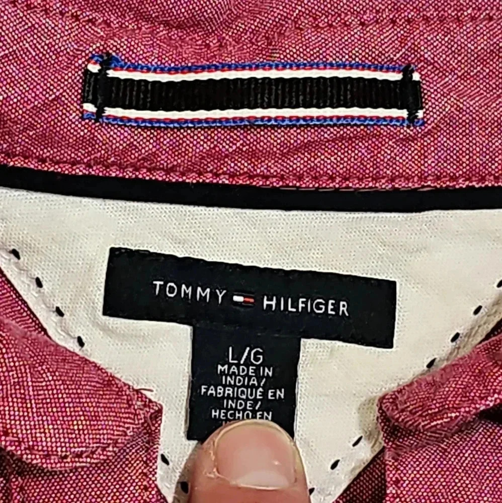 Tommy Hilfiger Women L Burgundy Cotton Speckled Button Down Essential Preppy - Picture 4 of 7